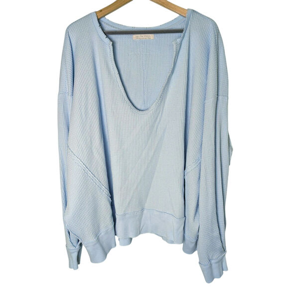 We The Free People Buttercup Blue Waffle Knit Thermal Oversized Top Women L - Picture 1 of 13